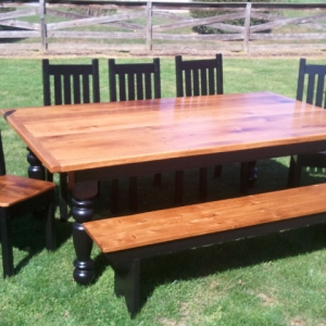 7 ft Pine Table, Chairs, and Bench